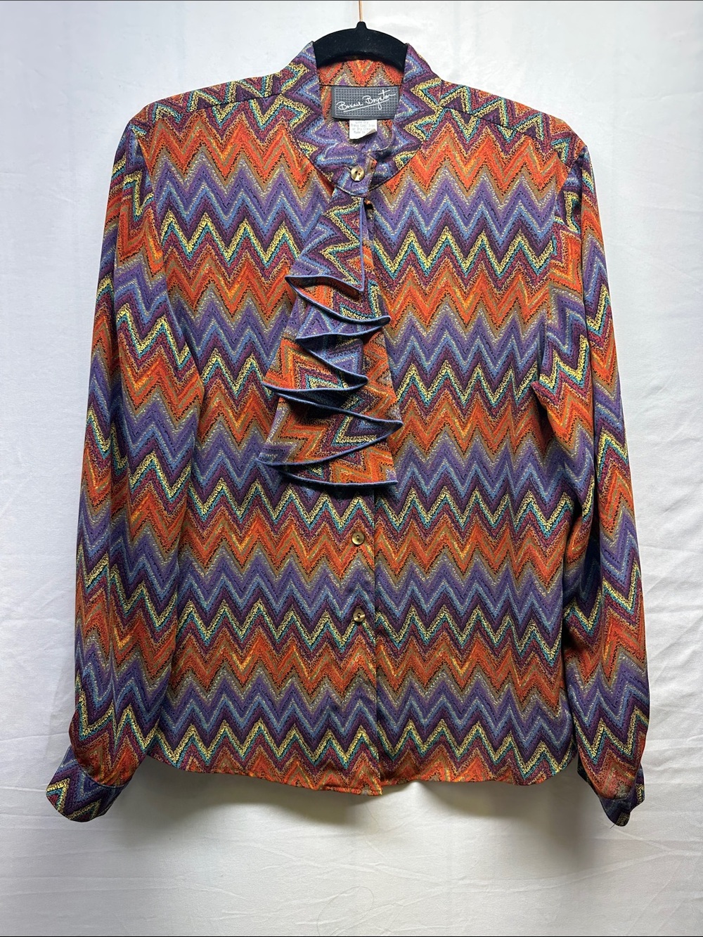 Vintage Purple & Orange Chevron Ruffle Front Blouse